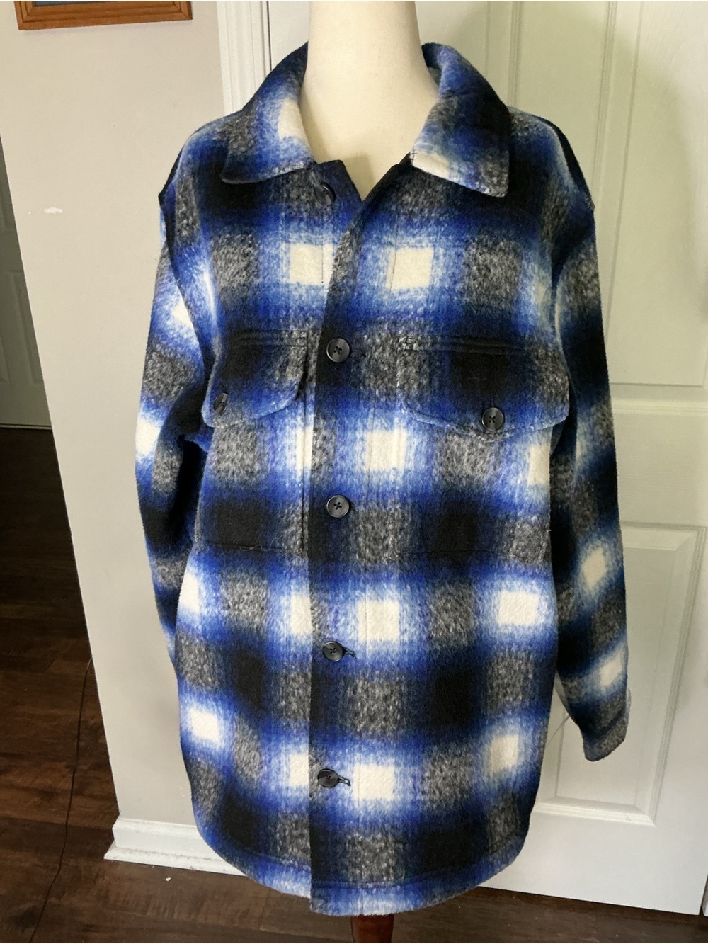 Old Navy Blue, Black and White Plaid Kids Pea Coat